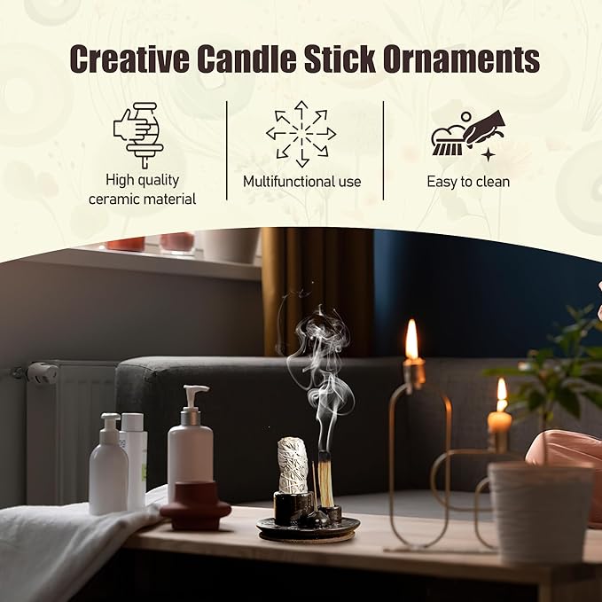 4 in 1 Incense Burner Holder, Palo Santo Sticks Holder, Ceramic Incense Holder Dish, Palo Santo Burner Chimney, Sage Bundle Smudge Bowl(Black)