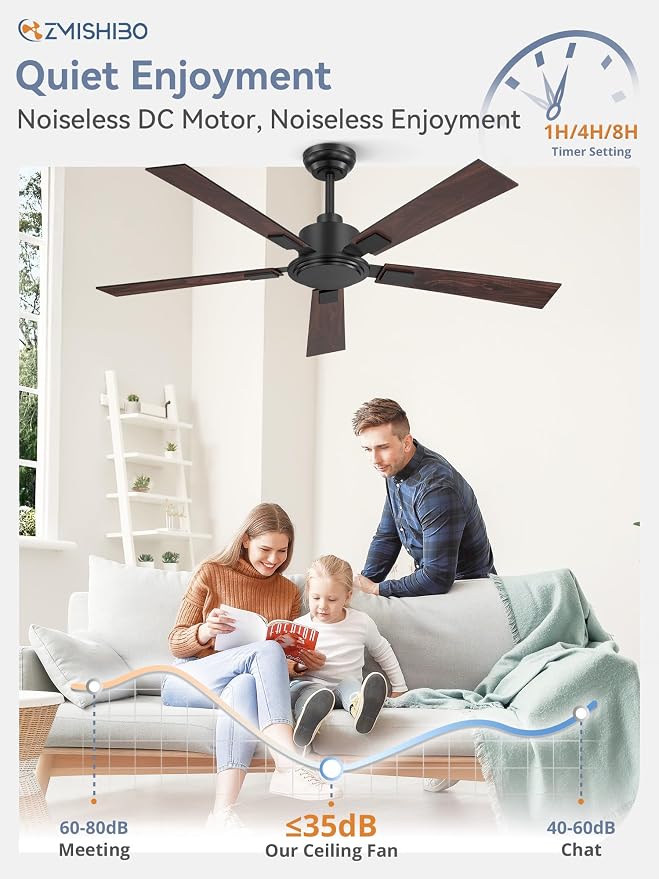 ZMISHIBO 52 Inch Ceiling Fan No Light with Remote Modern Black Ceiling Fan with Quiet Reversible DC Motor,6-Speeds 5 Blades, Indoor/Outdoor Ceiling Fans Without Light for Patios, Living Room, Garage