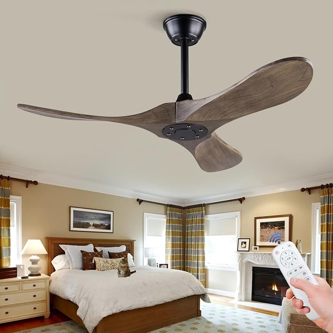 42 inch Ceiling Fans without Lights, Indoor/Outdoor Ceiling Fans no Light, 3 Solid Wood Blades, Ceiling Fan with Remote Control for Bedroom Patios Porch(Black+Apricot Grey)