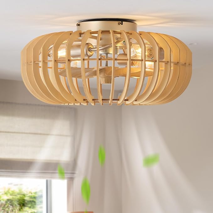 20" Wood Ceiling Fans with Lights Flush Mount, Caged Boho Ceiling Fan with Light Remote Control, Wooden Low Profile for Bedroom, Living Room, Nursery