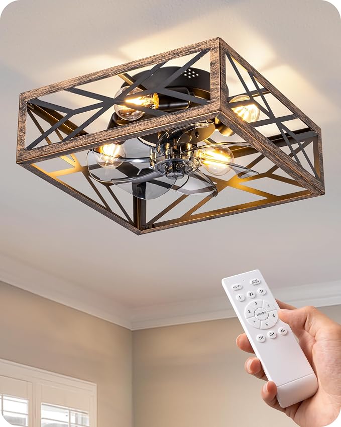 EDISHINE Caged Ceiling Fans with Lights Flush Mount, Rustic Square Low Profile Enclosed Fan Ceiling with Remote, 2/4 H Timer, Reversible 6 Speed, Farmhouse Small Fan for Bedroom, Kitchen, Dining Room