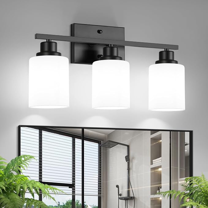 Ascher Bathroom Light Fixtures, 3-Light Vanity Light Over Mirror, Black Wall Sconces with Milky White Frosted Glass Shades, Wall Lamp for Living Room Bedroom, E26 Base(Bulbs Not Included)