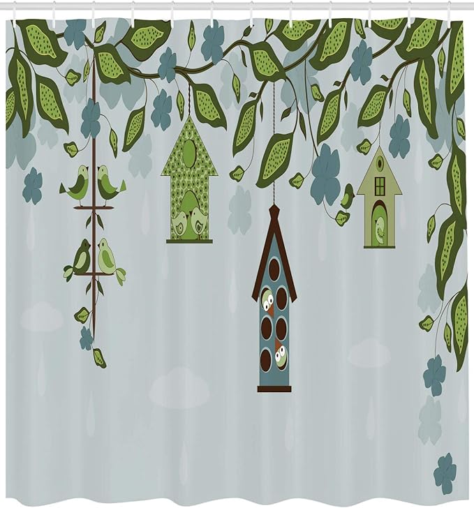 Ambesonne Birds Shower Curtain, Birds Sitting in Cages Hanged on Floral Tree Branches Peace Blooming Nature Print, Cloth Fabric Bathroom Decor Set with Hooks, 69" W x 75" L, Green Navy