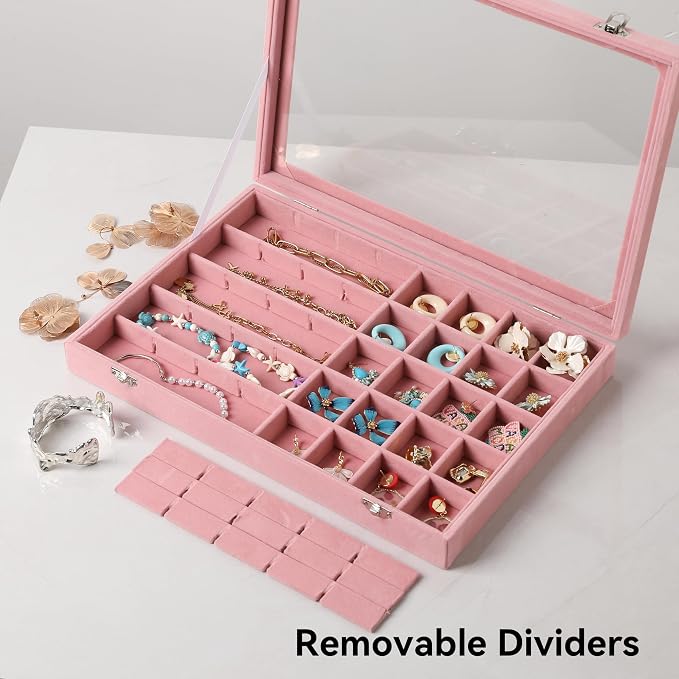 Frebeauty 40 Grid Earring Organizer,Velvet Jewelry Tray with Clear Lid | Drawer Jewelry Organizer for Rings Studs Beads,Adjustable Dividers,Dustproof,Earring Storage,Trinket Box,13.8×9.5Inches