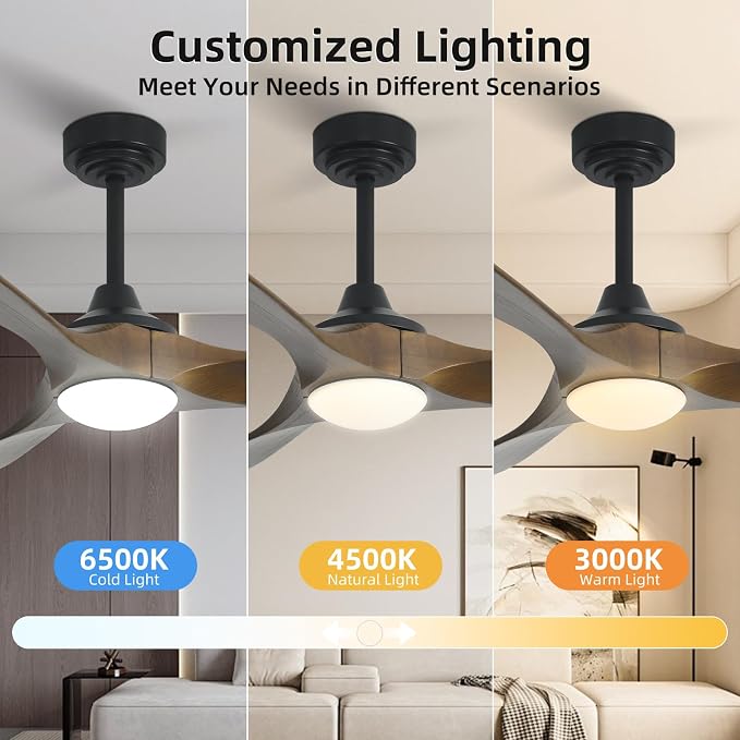 52” Outdoor Ceiling Fan with Light, Compatible with Alexa/Google, 3 Walnut Solid Wood Blade, Noiseless Reversible Dc Motor, Smart Outdoor Wood Ceiling Fan for Farmhouse Patios, Bronze