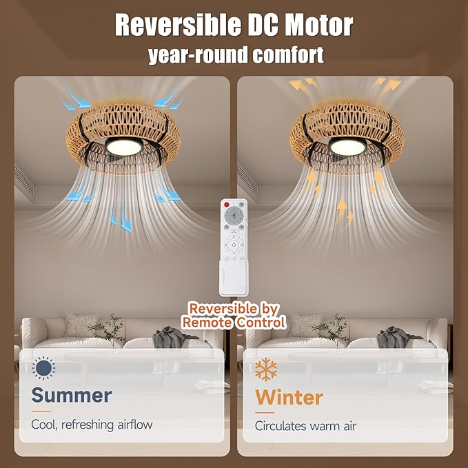 ocioc 20" Caged Ceiling Fans with Lights and Remote,Fandelier Ceiling Fan with Light,Flush Mount Low Profile,Bladeless,Quiet Reversible DC Motor,Boho Rattan Ceiling Fan for Bedroom