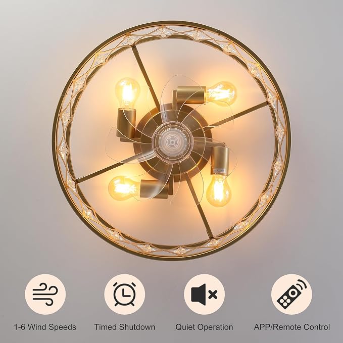 Garwarm Caged Ceiling Fan with Light,20" Ceiling Fans with Lights and Remote,Bladeless Fandelier Small Low Profile Ceiling Fan Light Fixture for Bedroom,Kitchen,Dining Room,Gold