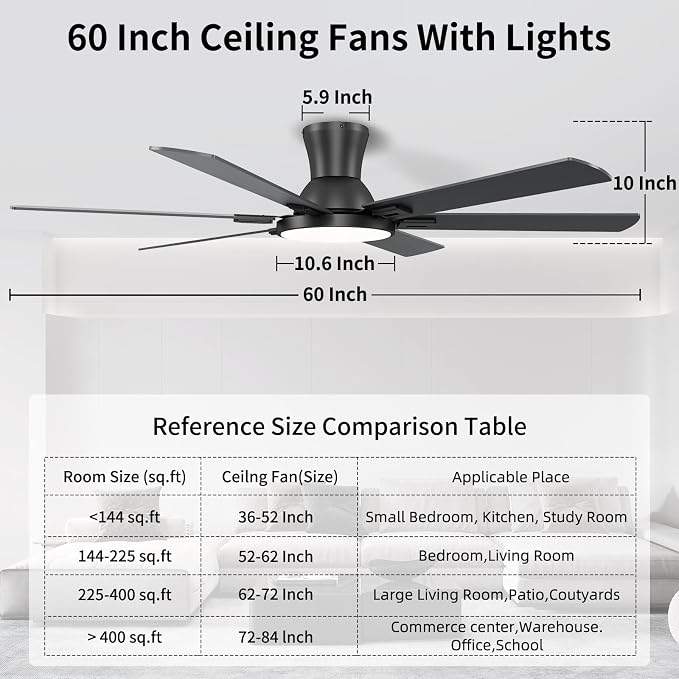 60 Inch Black Ceiling Fans with Lights and Remote, Flush Mount Low Profile 6 Blades Ceiling Fan, Quiet Reversible DC Motor for Living Room, Bedroom and Patio