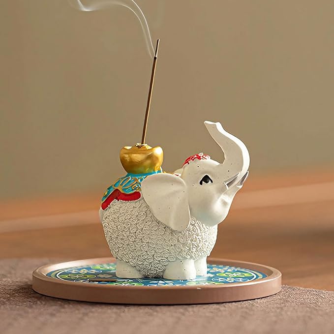 Resin Elephant Incense Stick Holder with Ash Catcher, Small Cute Elephant Incense Burner Holder, Incense Holder for Sticks for Yoga,Meditation,Home Living Room Office Decor, 1 Piece