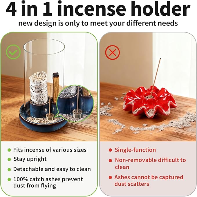 Incense Holder for Sticks with Glass Ash Catcher, Anti-Ash Flying, 4 in 1 Incense Burner Palo Santo Holder Insence-Stick Holder and Candle Holder for Burning Sage and Sticks for Burning