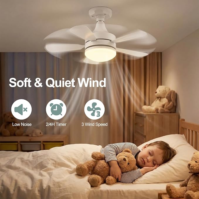 17.7" Socket Fan Light, 3000 Lumens Small Ceiling Fans with Lights and Remote, E26/E27 Light Bulb Fan with Reversible Motor, Dimmable 3000K-6500K Light Socket Fan for Bedroom Kitchen Garage