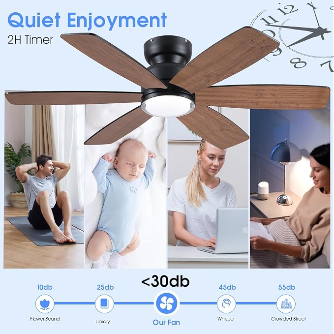 Kviflon 46" Rustic Ceiling Fans with Lights, Low Profile Flush Mount Ceiling Fan with Remote/APP Control, 6 Reversible Double-sided Blades, 3 CCT Dimmable LED Lights for Living Room Farmhouse, Brown
