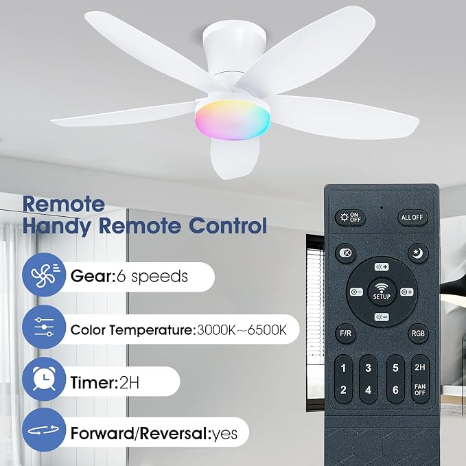 Surtime Flush Mount RGB Ceiling Fans with Lights-36 Low Profile Ceiling Fan with Light and Remote/APP Control,DC Reversible,LED Dimmable Ceiling Fans for Bedroom,Indoor/Outdoor Patio Use(White)