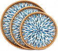 Round Rattan Tray with Mother of Pearl Inlay, Set of 3 Serving Trays for Coffee Table, Decorative Wicker Woven Ottoman Tray for Table Home Decor, Kitchen, Coffee, Bread, Fruits