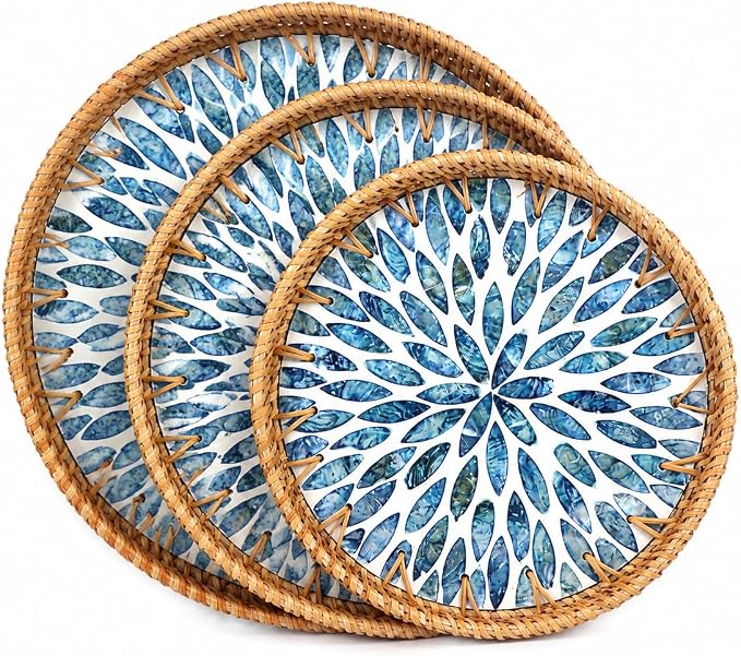 Round Rattan Tray with Mother of Pearl Inlay, Set of 3 Serving Trays for Coffee Table, Decorative Wicker Woven Ottoman Tray for Table Home Decor, Kitchen, Coffee, Bread, Fruits