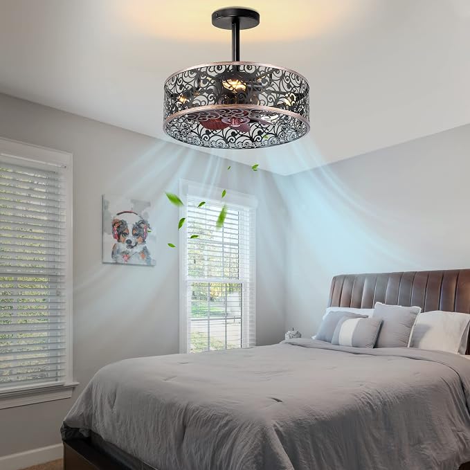 REDSTAR Ceiling Fans with Lights-Small Farmhouse Ceiling Fan with Light and Remote, Industrial Caged Ceiling Fan Light for Living Room, Bedroom, Kitchen