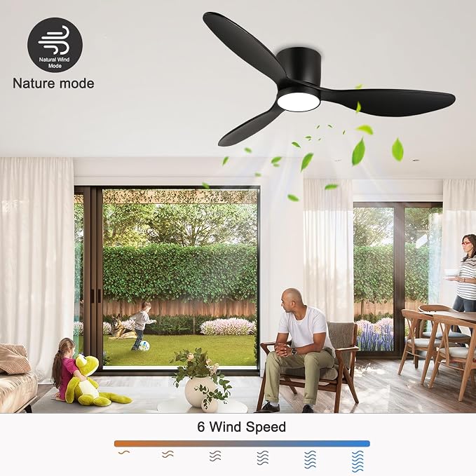 reiga 52" Low Profile Black Wood Ceiling Fan with Light, Quiet DC Fan | 3 solid wood blade, dimmable 3CCT LED light; remote timer control, flush mount for bedroom, dining & living room