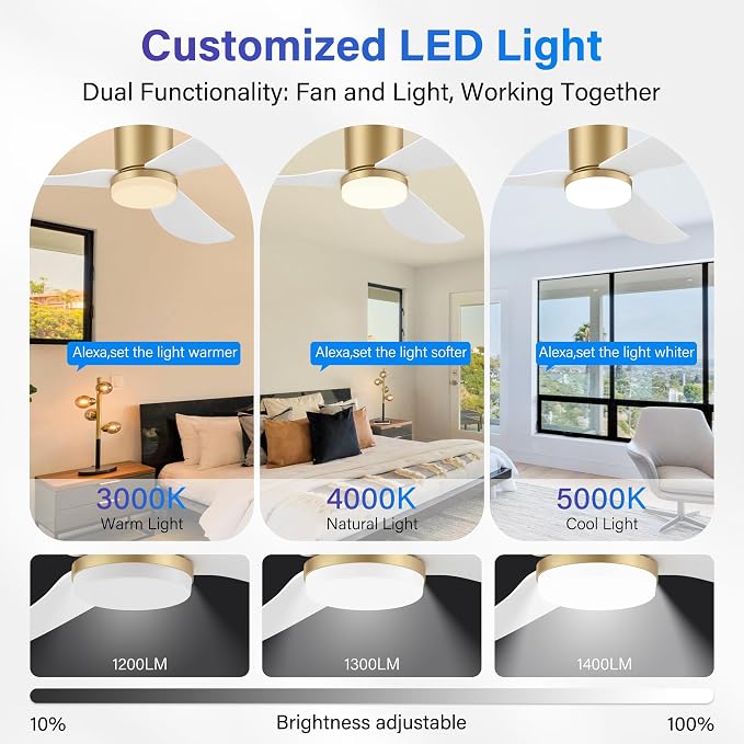 42 Inch Smart Ceiling Fans with Lights Remote,Low Profile Ceiling Fan Control via WIFI Voice Alexa App,Modern Flush Mount Fans for Small Bedroom,Patio,Porch,Outdoor Indoor,White and Gold,Ultra-quiet