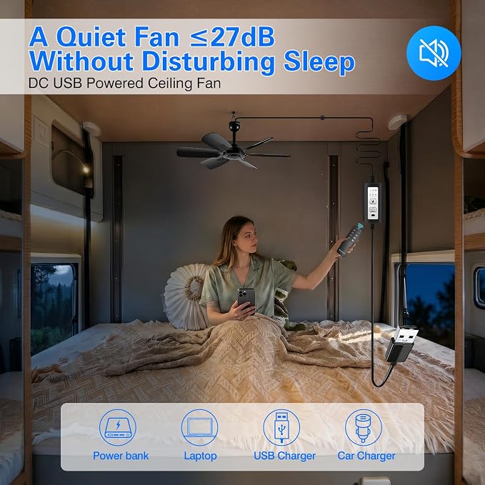 Portable Ceiling Fan, USB Plug-In, 5V DC Powered, 6 Blades, Indoor/Outdoor RV Camping Tent Canopy, Hanging, Quiet Operation (with power bank and solar panel)