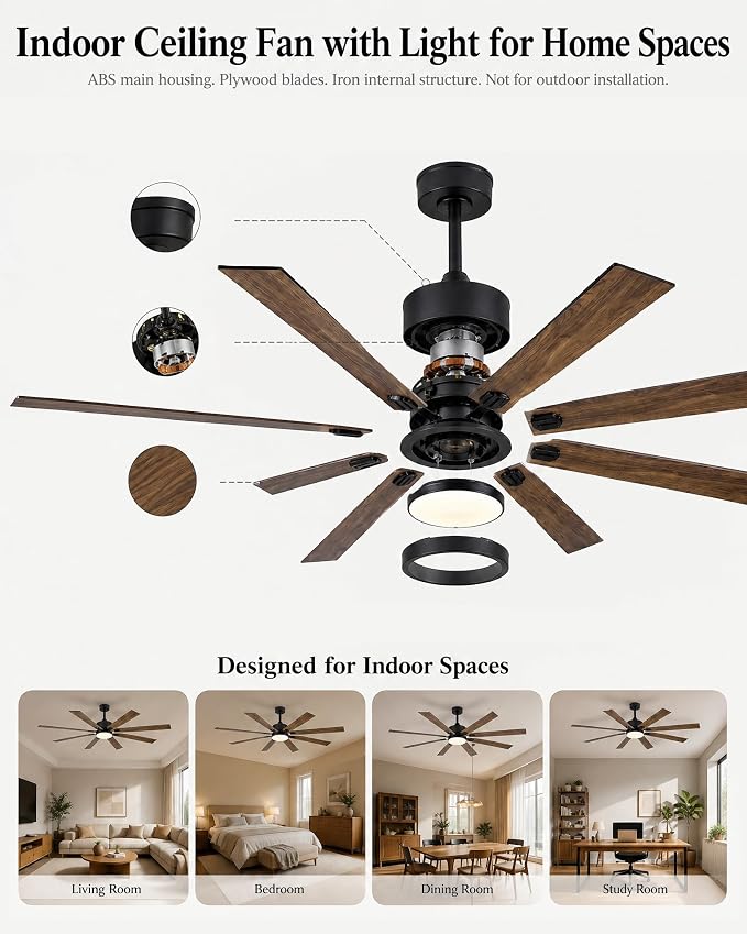 Ceiling Fans with Lights, 72 Inch Brown Indoor Fan with Remote and App Control, Dimmable LED Light, 6 Speeds, Reversible Airflow, Low Noise for Bedroom Living Room Kitchen