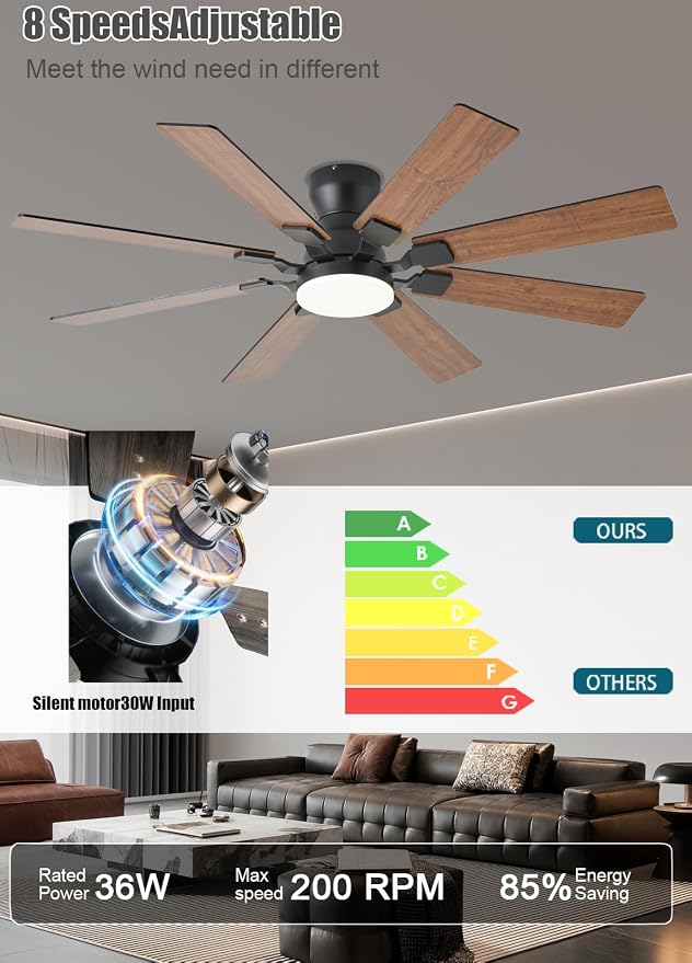 JSAITEE 52 inch Ceiling Fan with Light, 6 Speeds Reversible Low Profile Ceiling Fan with Light and Remote/APP Control, 3 Color Temp+Dimmable RGB, 8 Blades, Flush Mount Quiet Ceiling Fans, Brown