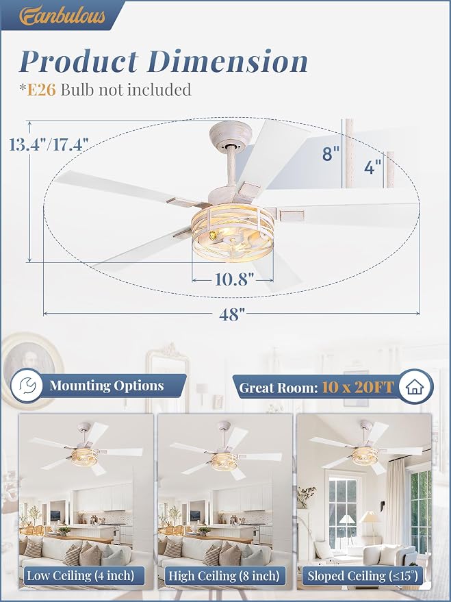 Farmhouse Ceiling Fans with Light, 48 Inch Bedroom Ceiling Fan with Lights, 6-Speed Adjustable, Quiet and Reversible DC Motor, 5 Dual Finish Blades, Rustic Caged Ceiling Fan，White and Gold Color