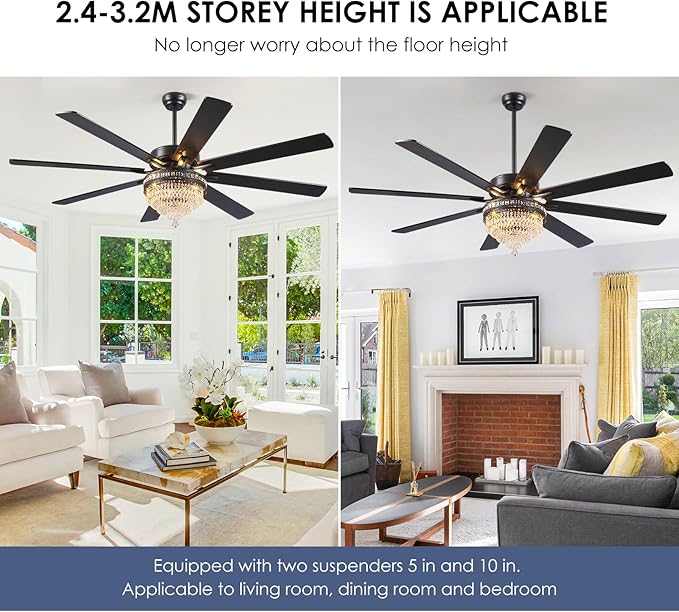 72 Inch Black Large Crystal Chandelier Ceiling Fans with Lights and Remote | Supports Remote and APP,6 Reversible Wind Speeds,60W Quiet AC Motor,8 Wooden Blades,4*E12 LED Bulbs Included,for Living Room