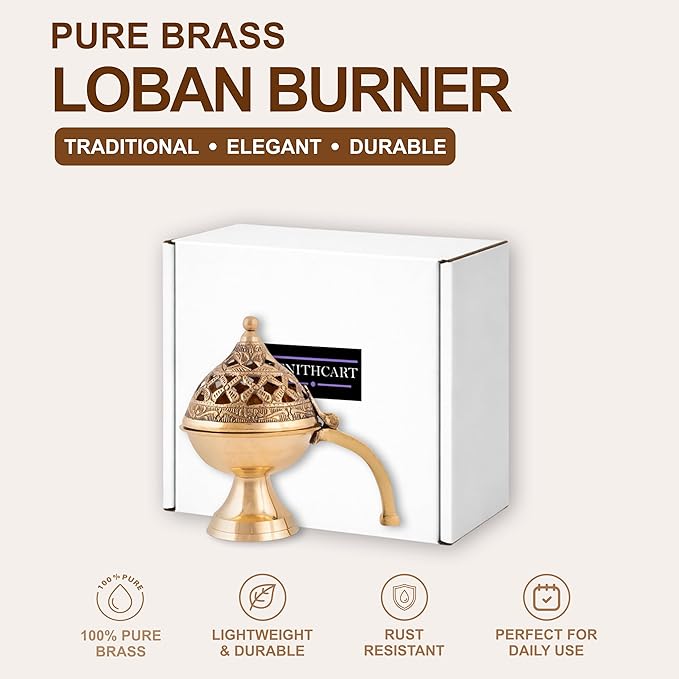 Pure Brass Loban Burner/Dhoop Dani | Round Dhuna Incense Burner for Loban & Dhoop | Traditional Tabletop Brass Dhooni for Home Purification | Small Size