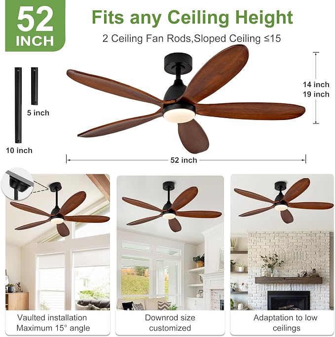 52 Inch Solid Wood Ceiling Fans With Lights, Remote Control, Dimmable, Reversible, Wood Blades, Power-Off Memory, Quiet DC Motor, Indoor/Oudoor Ceiling Fan with Light for Patio