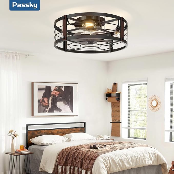 Passky 20" Farmhouse Flush Mount Ceiling Fans with Lights and Remote, Industrial Black Caged Low Profile Fandelier, 6 Speeds Bladeless Ceiling Fan for Bedroom, Kitchen, Living Room