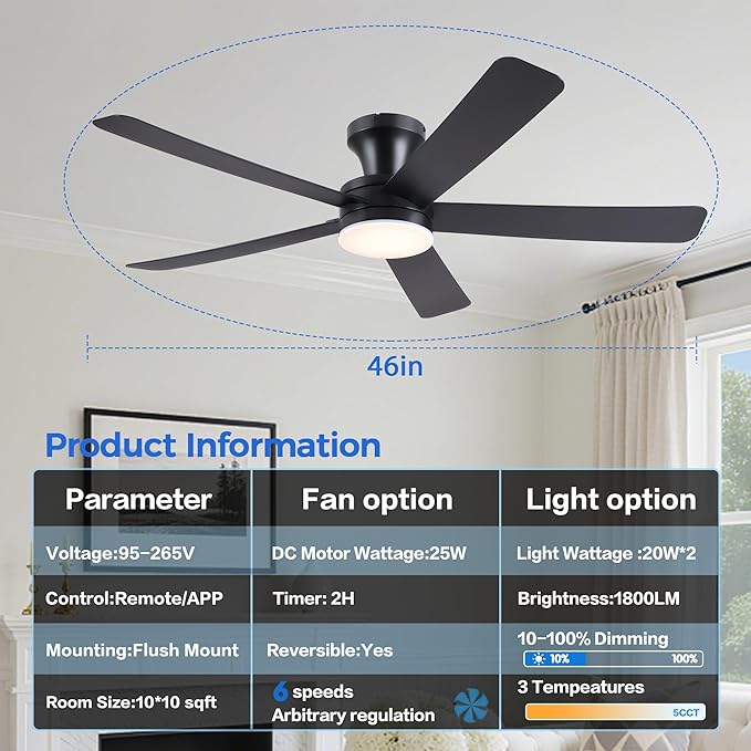 Ayaoty Ceiling Fans with Lights,46" Black Flush Mount Ceiling Fan Light with ABS Blades Reversible,3CCT Dimmable, Low Profile Fan Light for Indoor Modern Bedroom, Kitchen
