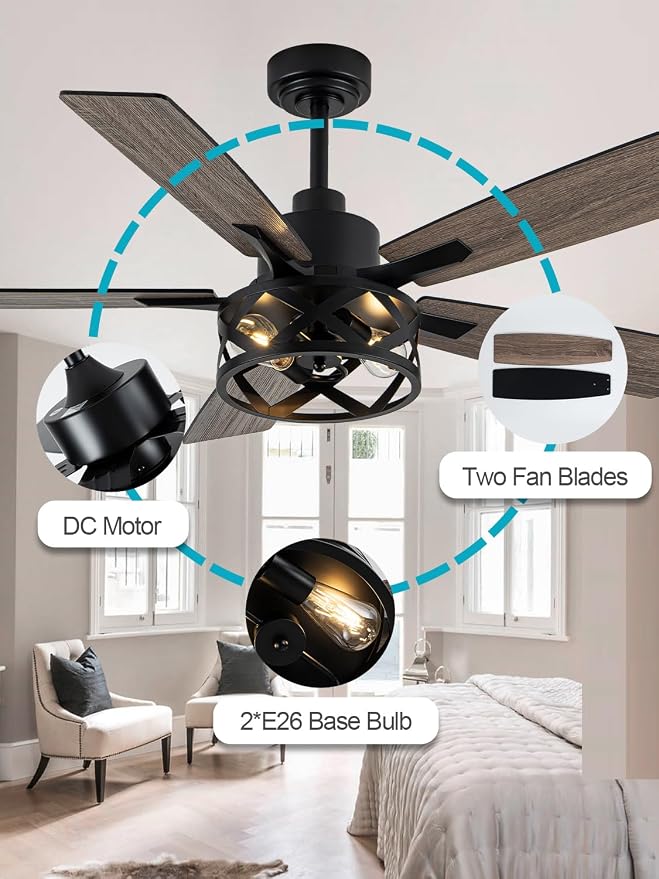 52" Farmhouse Ceiling Fan with Lights and Remote, Rustic Ceiling Fan Black Caged Fandelier Large Industrial Chandelier Light for Bedroom Living Room, Reversible DC Motor 6 Speeds