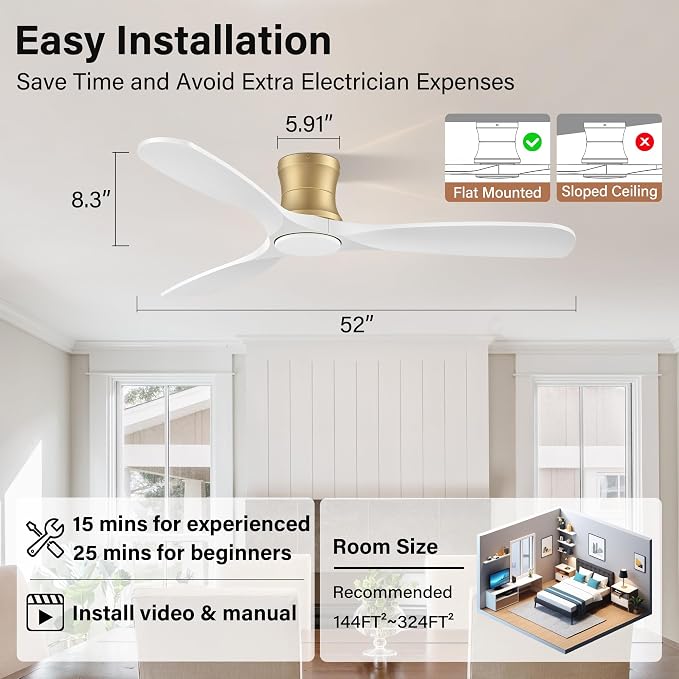 52" Wood Flush Mount Ceiling Fans with Lights Remote Control,Dimmable,Reversible,Modern Gold White Wood Ceiling Fan with Quiet DC Motor,Outdoor Indoor Low Profile for Bedroom Living Room Patio