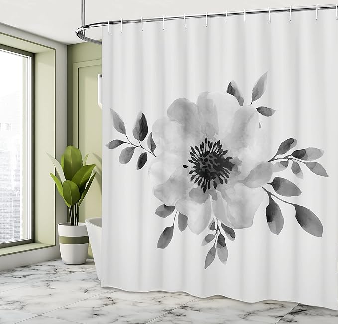 Ambesonne Flower Shower Curtain, Watercolor Image of Single Plant and Leaves Abstract Botany Design Modern Artwork, Cloth Fabric Bathroom Decor Set with Hooks, 69" W x 70" L, Pale Grey