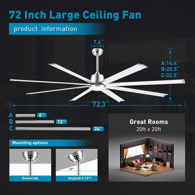 72 lnch lndustrial Smart Celing Fan with Light and Remote Control via WIFI Alexa,Large Celing Fan with 8 Brushed Nickel Aluminum Blades,6 Speed Noiseless DC Motor Indoor Outdoor Ceiling Fans for Patio