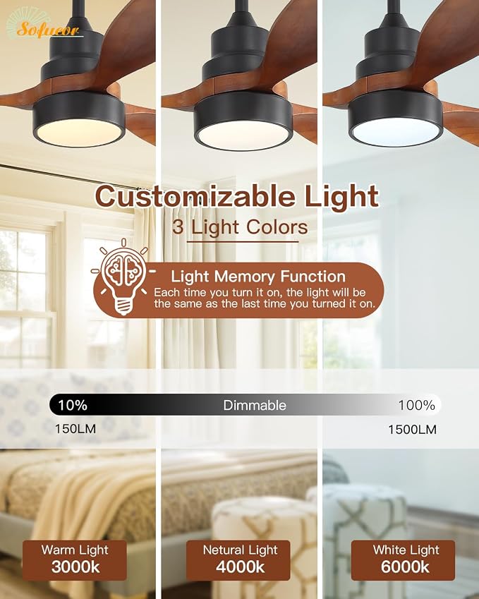 Sofucor 48 Inch Smart Ceiling Fans with Lights-Flush Mount & Downrod Mount Modern Outdoor Ceiling Fans with Alexa/Google Assistant/APP/Remote Control for Bedroom/Farmhouse/Patio, Black & Walnut