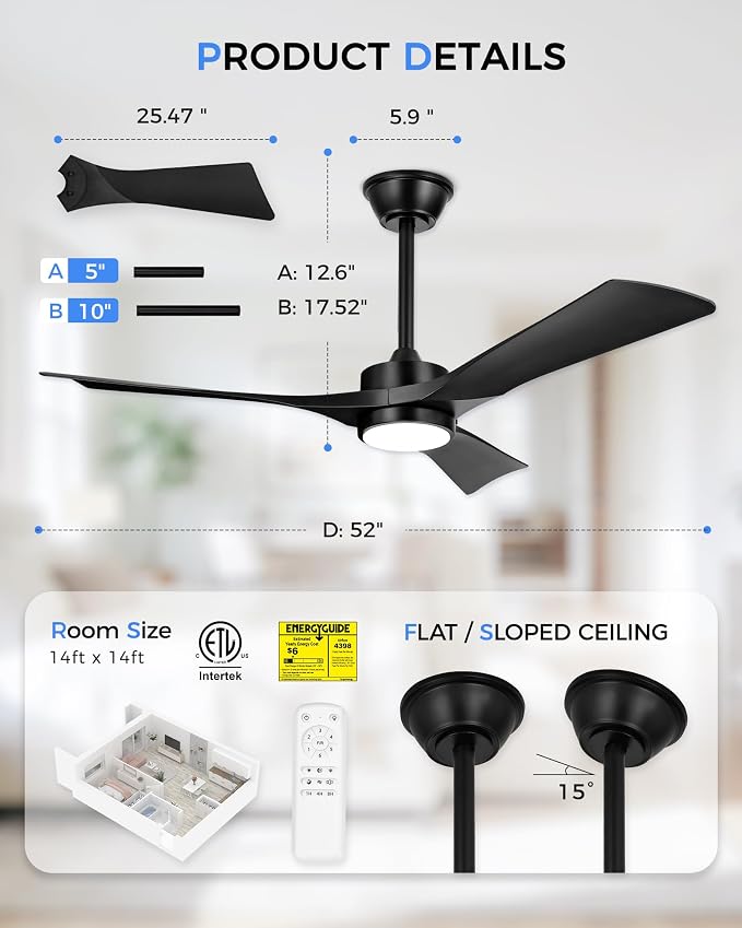 52" Ceiling Fan with Light & Remote, Black, ZCCF08BK-52 | Coastal-grade finish, remote, 6 speeds, 3CCT dimmable LED and quiet reversible DC motor for living rooms and covered patios