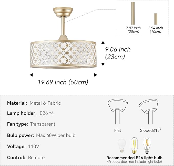 Gold Fandelier Ceiling Fan with Light, 20" Caged Gold Chandelier Ceiling Fans with Lights Remote Control, Fabric Mid-Century Modern with 6 Speeds for Bedroom, Nursery, Living Room.