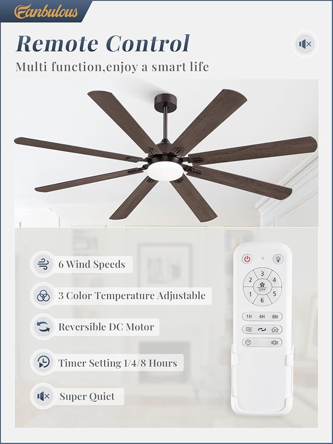 Fanbulous 72 Inch Ceiling Fans with Lights, Oil Bronze Modern Ceiling Fan with Remote,Large Farmhouse Indoor & Outdoor Ceiling Fan with 8 Dual Finish Blades, Quiet DC Motor, Bright LED Light