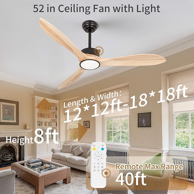 Wood Ceiling Fan with Lights,52Inch Ceiling Fans with Remote Control,Dimmable Light,3 CCT,6 Speeds,Noiseless DC Motor,2 downrod,Ceiling Fan for Bedroom,Living Room,Indoor