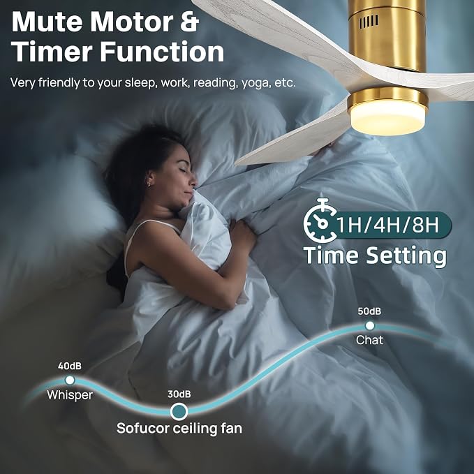 Sofucor 52 Inch Smart Ceiling Fans with Lights-Flush Mount Low Profile Modern Outdoor Solid Wood Ceiling Fans with Alexa/Google Assistant/APP/Remote Control for Bedroom/Farmhouse/Patio, Grey Gold