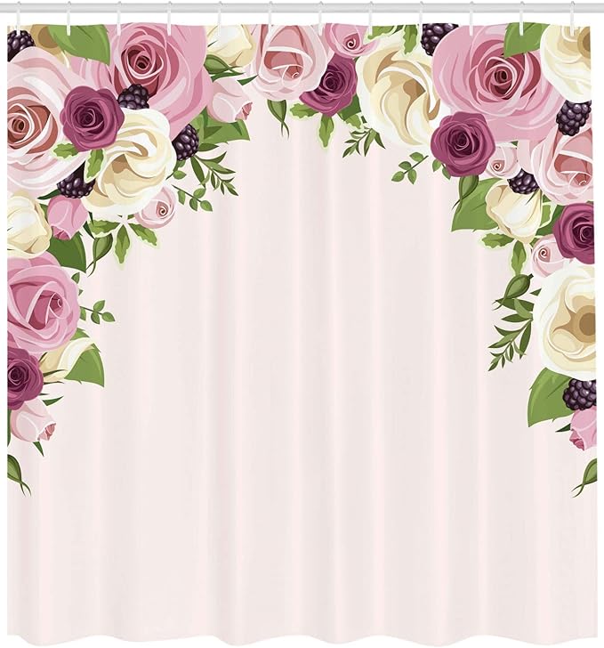Ambesonne Rose Shower Curtain, Romantic Lisianthus Berries as an Arch Marriage Wedding and Gatherings Design in Soft Pastel Colors, Cloth Fabric Bathroom Set with Hooks, 69" W x 75" L, Purple Cream