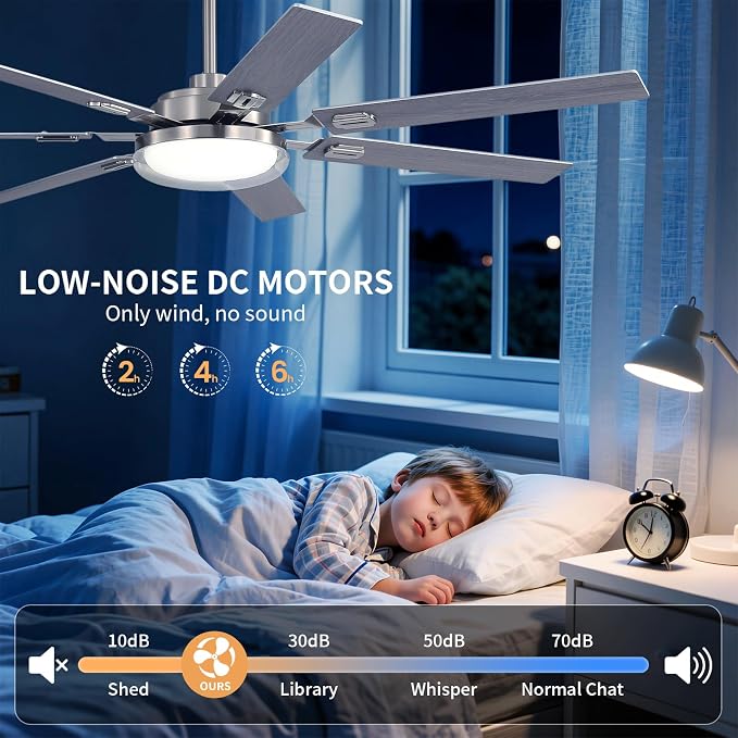 64 Inch Ceiling Fans with Lights and Remote,Living Room Office Library Cafe Outdoor, 5CCT Dimmable, Dual Color 7 Blades, 6 Speed Reversible Quiet DC Motor, Dual-Layer Shade, Sand-nickel/Wood Grain