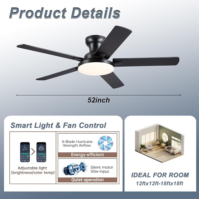 Ceiling Fans with Lights, 52 inch Flush Mount Ceiling fan with Remote Control/APP, Low Profile Ceiling Fan with 5 Blade Reversible, 3CCT, Dimmable, Modern Fan Light for Bedroom, Living Room
