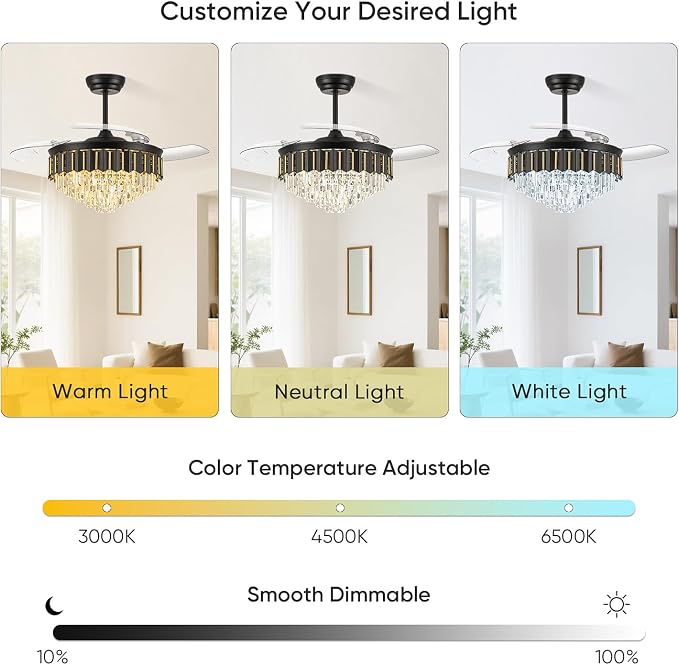 52 Inch Chandelier Ceiling Fan, Fandelier Retractable Ceiling Fan for Bedroom Living Room, 3 Color Tempeature, 6-Speed Reversible Motor, Timer & Memory Function-Black