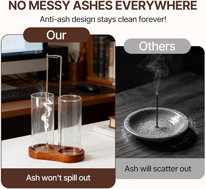 Incense Holder with 2 High Glass Bottle,Wooden Base Incense Stick Holder for Desktop,Incense Burner for Ash Collection,Ash Container (Wood)
