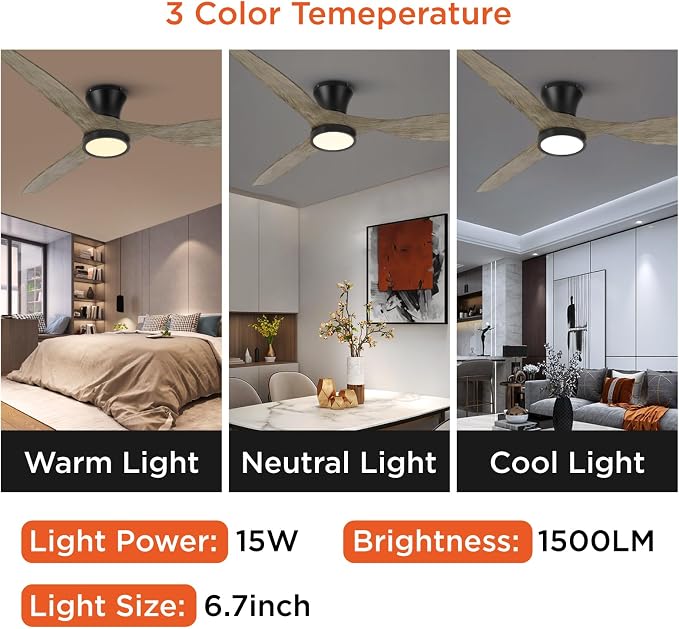 TALOYA 52 inch Ceiling Fans with Lights Remote Control, Modern Low Profile Ceiling Fan with Quiet Reversible DC Motor for Bedroom Living Room and Patio Black Walnut Finish