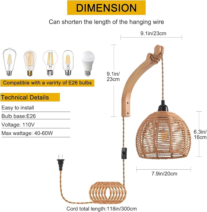 Plug in Wall Sconce,Farmhouse Wicker Wall Lamp Plug in,Hand Woven Rattan Wall Light Farmhouse Rustic Boho Sconces Wall Lighting for Living Room Bedroom