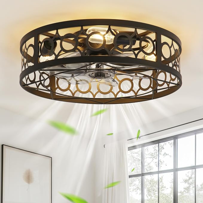 LEDIARY Caged Ceiling Fans with Lights and Remote, 20in Small Low Profile Ceiling Fan with Light, 6 Speed Farmhouse Flush Mount Ceiling Fan for Bedroom, Kitchen, Living Room-Black