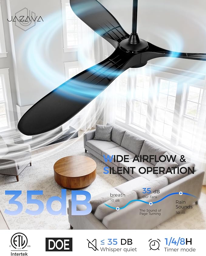 JAZAVA 70'' Coastal Grade Ceiling Fan with Light and Remote, Corrosion Resistant Indoor Outdoor Fan, Quiet DC Motor, 3CCT Dimmable LED, 3-Blade Fan for Living Room, Great Room, Patio, ZCCF08BK-70